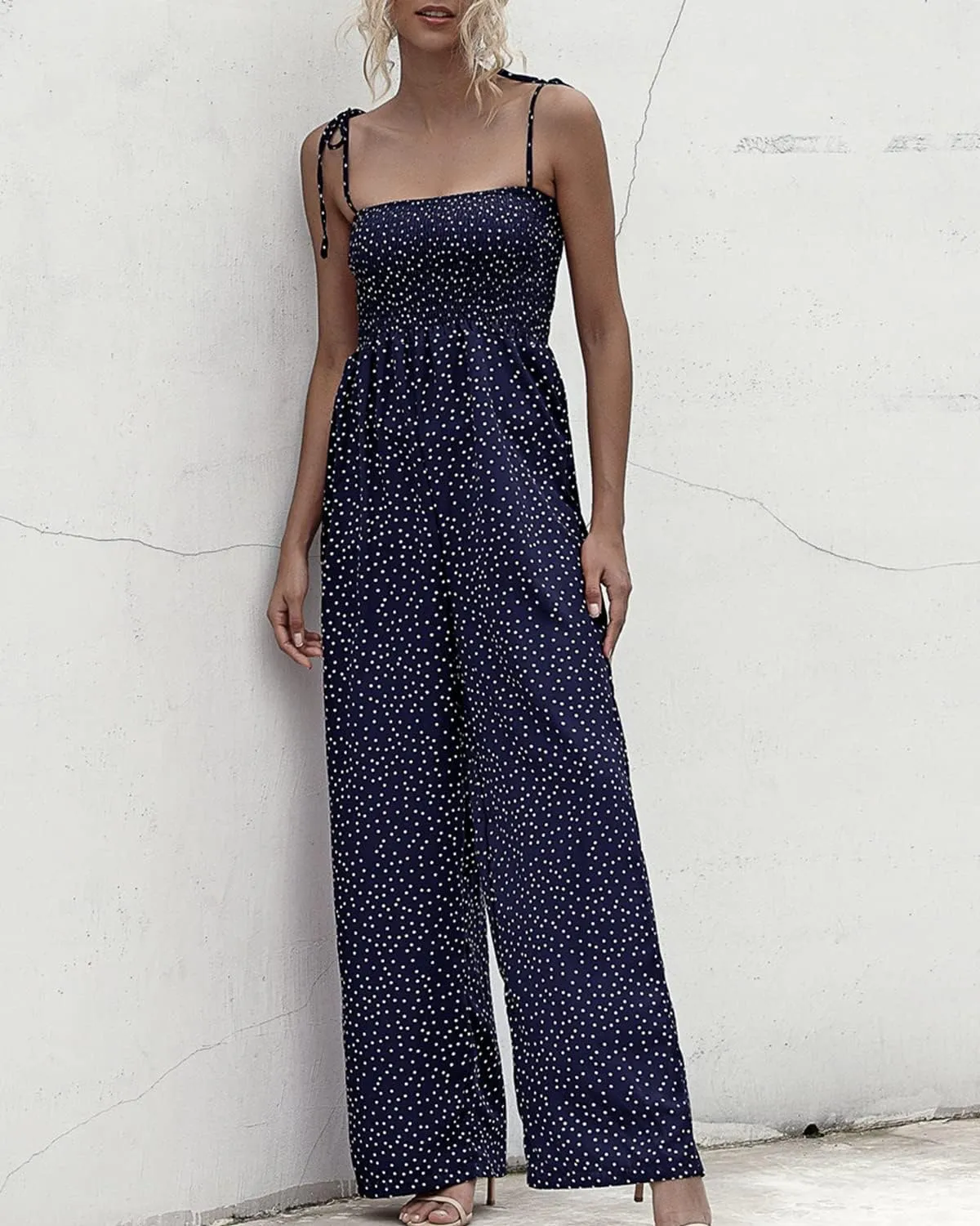 RINTONIX Women Sexy Spaghetti Strap Polka Dot Ruched Wide Leg Jumpsuit Overall Elastic Long Pants Summer Romper