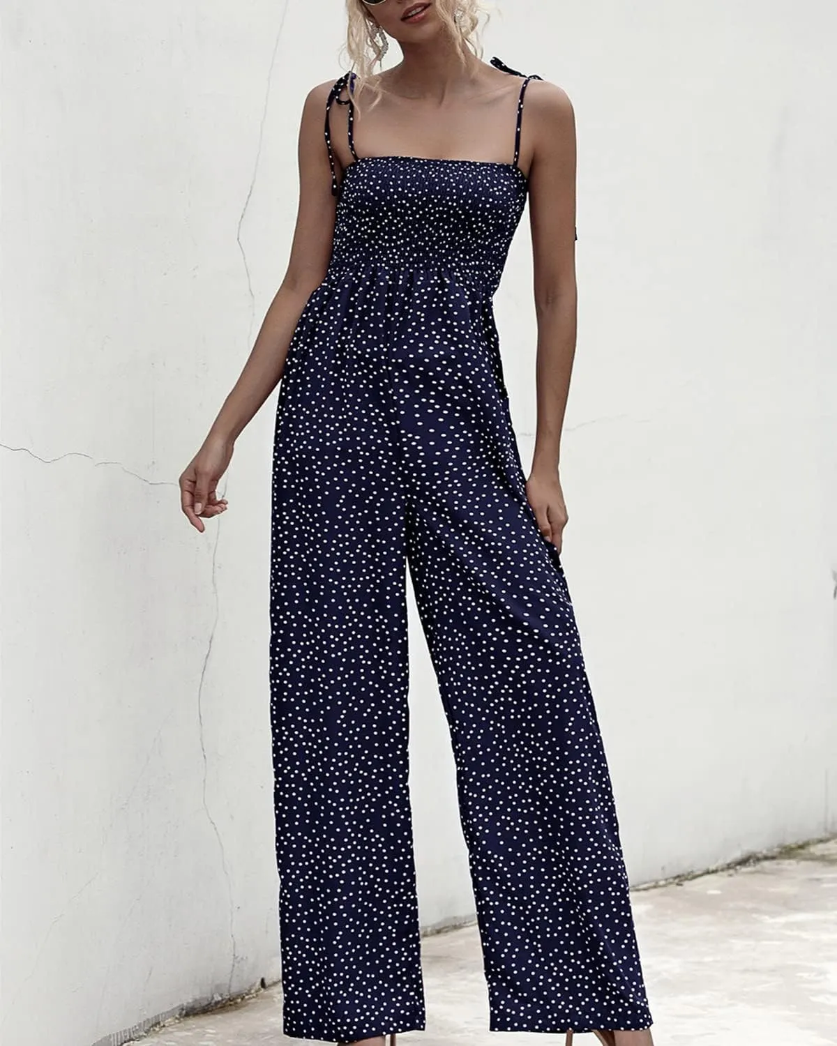 RINTONIX Women Sexy Spaghetti Strap Polka Dot Ruched Wide Leg Jumpsuit Overall Elastic Long Pants Summer Romper