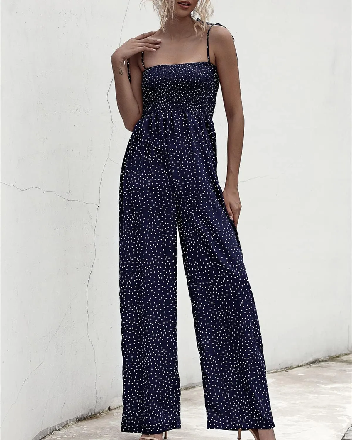 RINTONIX Women Sexy Spaghetti Strap Polka Dot Ruched Wide Leg Jumpsuit Overall Elastic Long Pants Summer Romper