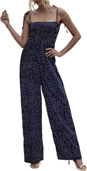 RINTONIX Women Sexy Spaghetti Strap Polka Dot Ruched Wide Leg Jumpsuit Overall Elastic Long Pants Summer Romper