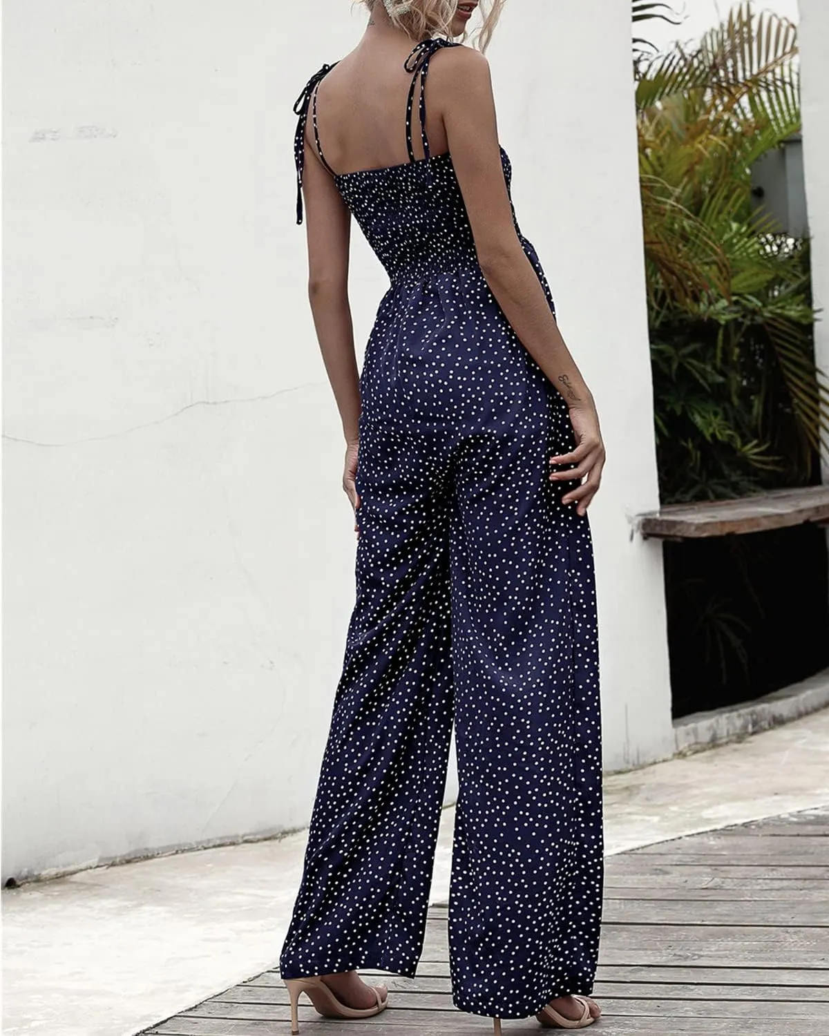 RINTONIX Women Sexy Spaghetti Strap Polka Dot Ruched Wide Leg Jumpsuit Overall Elastic Long Pants Summer Romper