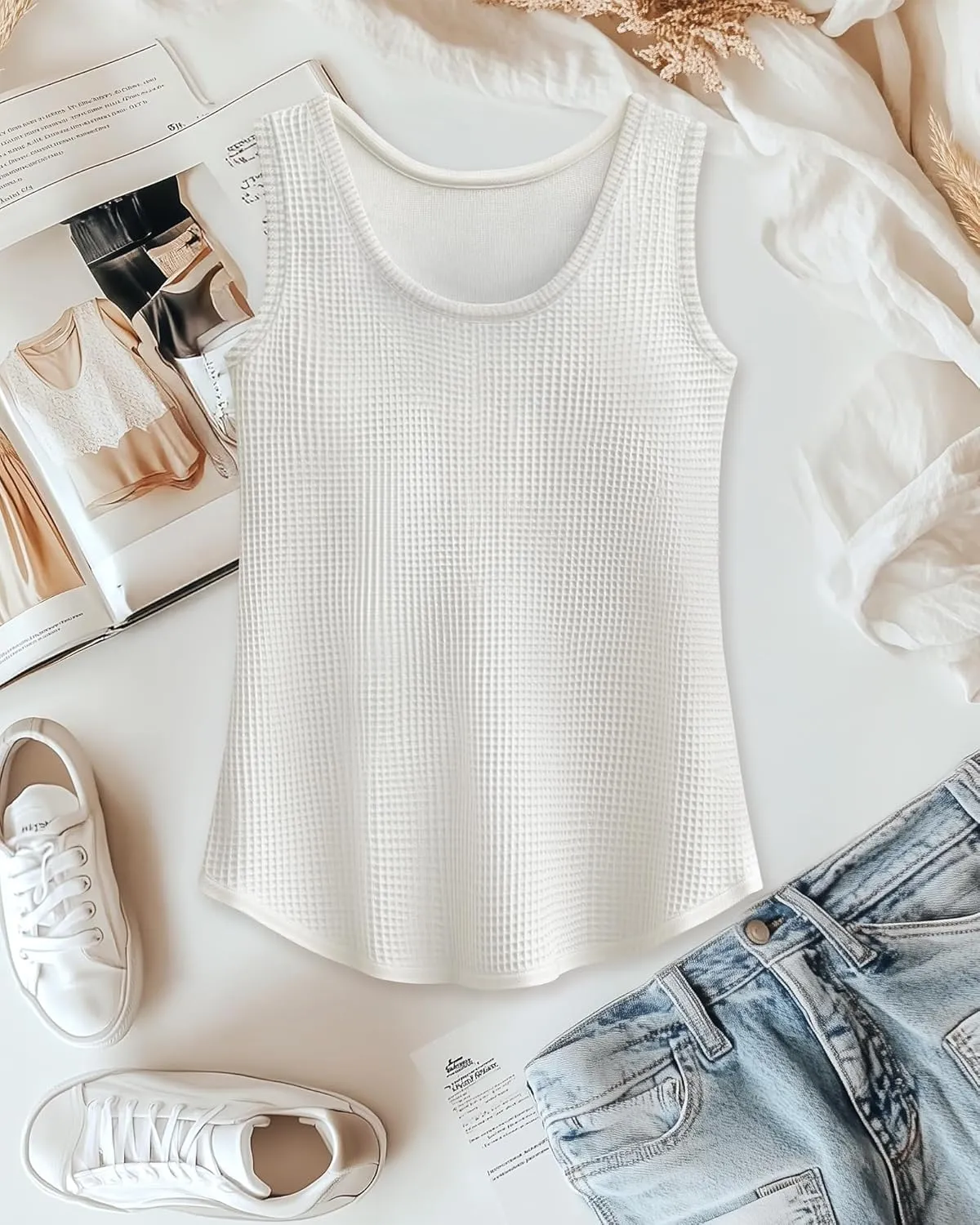 Riyiper 3 Pack Women's Waffle Knit Tunic Tank Tops Scoop Neck Loose Fit Sleeveless Shirts Summer 2025 Beach Vacation Clothes