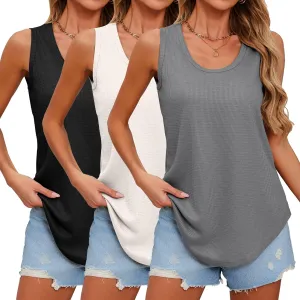 Riyiper 3 Pack Women's Waffle Knit Tunic Tank Tops Scoop Neck Loose Fit Sleeveless Shirts Summer 2025 Beach Vacation Clothes