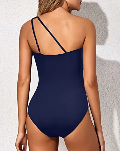 Ruched Modest Full Coverage One Shoulder One Piece Swimsuit For Women-Navy Blue