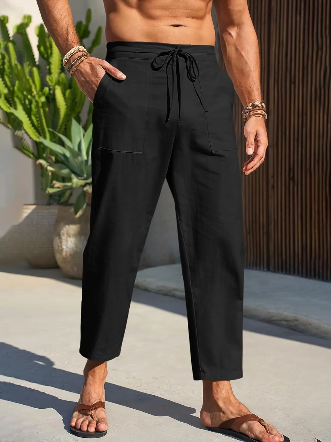 Runcati Mens Cotton Casual Pants Elastic Waist Drawstring Lightweight Cropped Pants Summer Beach Yoga Trousers