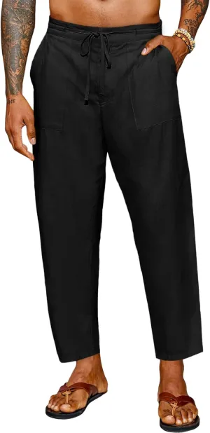 Runcati Mens Cotton Casual Pants Elastic Waist Drawstring Lightweight Cropped Pants Summer Beach Yoga Trousers