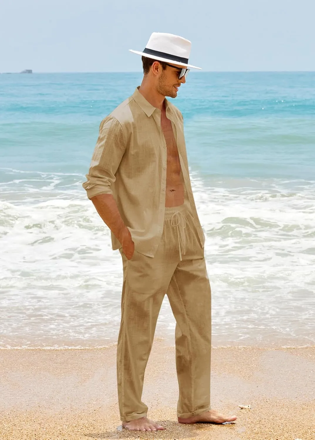 Ryannology Men 2 Piece Linen Set Outfits Drawstring Long Pants Button Down Roll Up Sleeve Shirts Beach Wedding Suit Sets