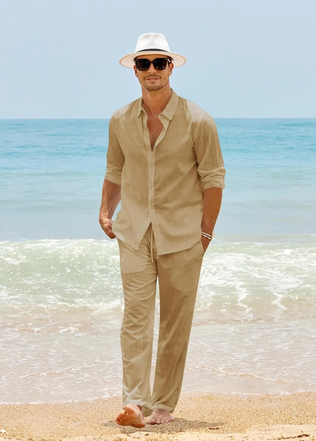Ryannology Men 2 Piece Linen Set Outfits Drawstring Long Pants Button Down Roll Up Sleeve Shirts Beach Wedding Suit Sets
