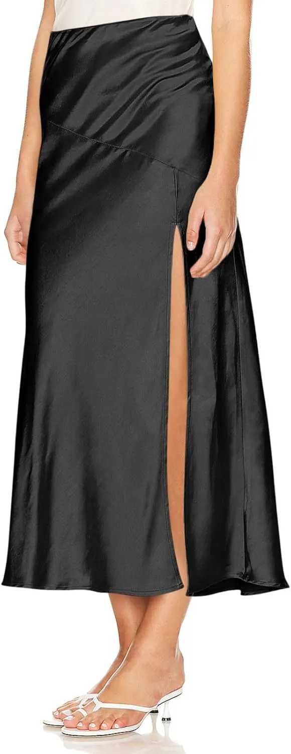 Satin Midi Party Skirts for Women High Waisted Asymmetrical Split Slit Ruched A Line Summer Skirt Elegant Dress