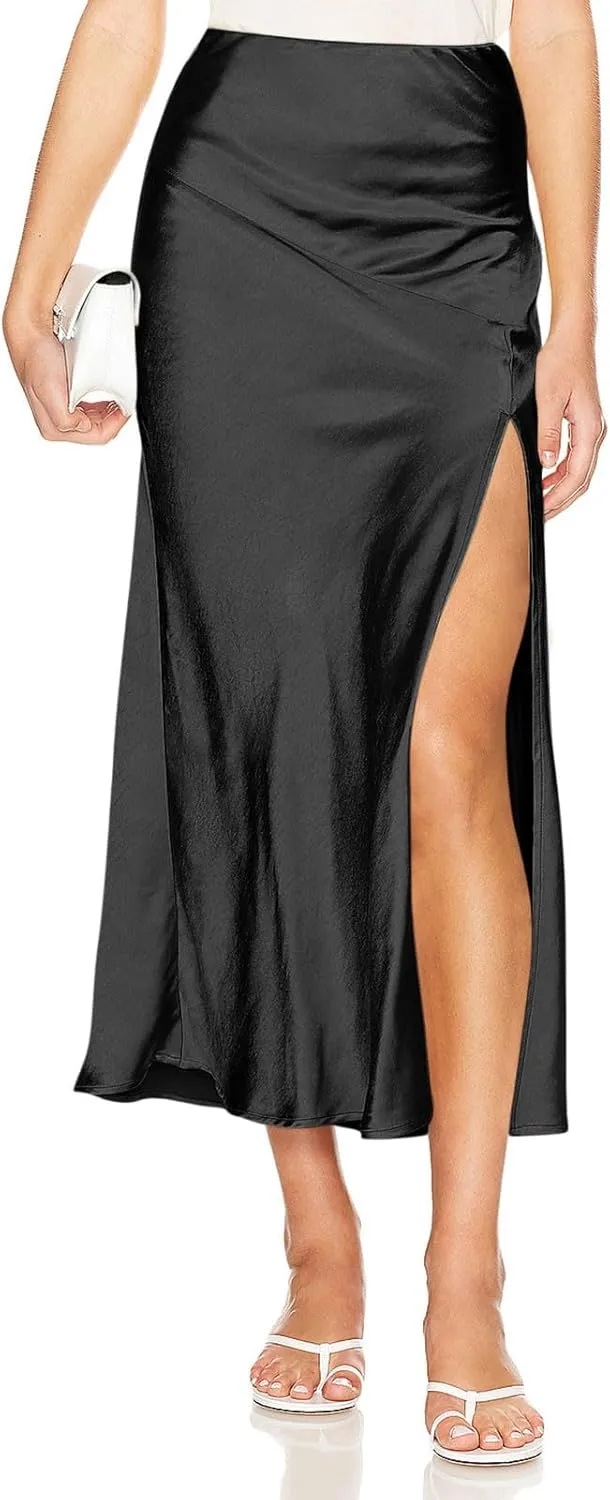 Satin Midi Party Skirts for Women High Waisted Asymmetrical Split Slit Ruched A Line Summer Skirt Elegant Dress