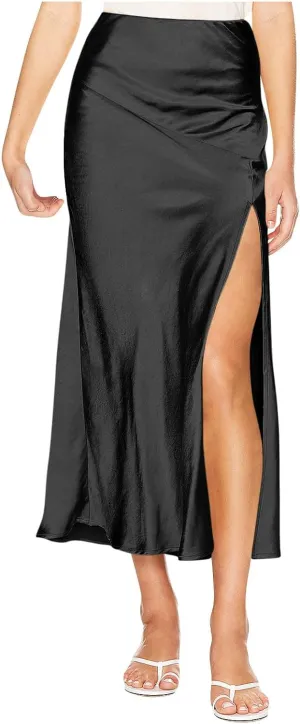 Satin Midi Party Skirts for Women High Waisted Asymmetrical Split Slit Ruched A Line Summer Skirt Elegant Dress