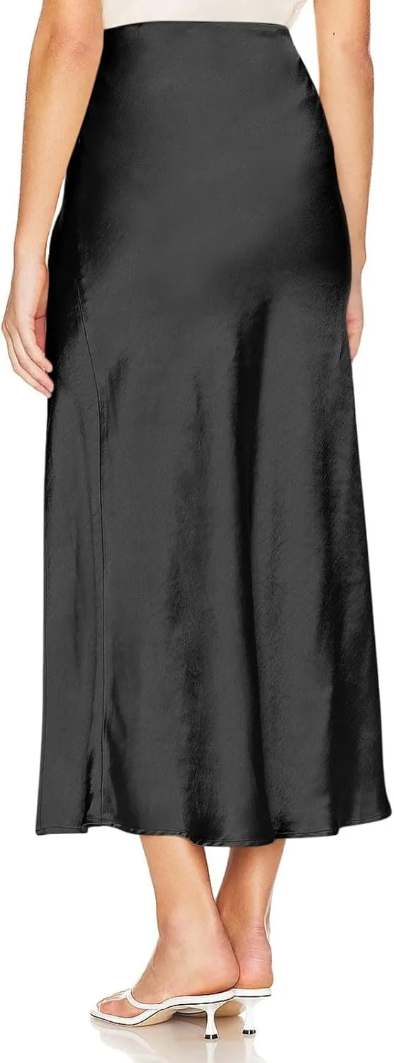 Satin Midi Party Skirts for Women High Waisted Asymmetrical Split Slit Ruched A Line Summer Skirt Elegant Dress