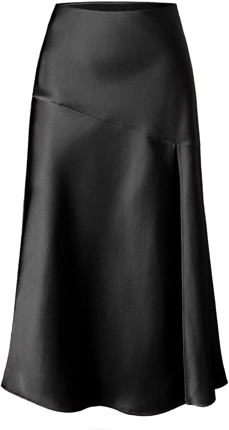 Satin Midi Party Skirts for Women High Waisted Asymmetrical Split Slit Ruched A Line Summer Skirt Elegant Dress