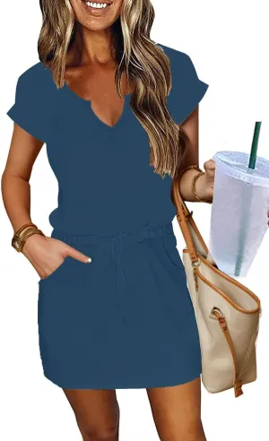 SAUKOLE Women Summer T Shirt Dress Casual Short Sleeve V Neck Dress with Pockets Drawstring Waist Short Dresses