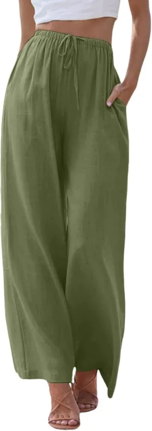 sdbrld Pantalones De Lino De Las Mujeres Linen Wide Leg Pants for Women Shorts Linen Pants Women Summer,Womens Linen Pants with Pockets High Waist Adjustable Knot Casual Trousers Business (Z41-AG, L)