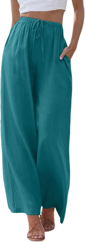 sdbrld Pantalones De Lino De Las Mujeres Linen Wide Leg Pants for Women Shorts Linen Pants Women Summer,Womens Linen Pants with Pockets High Waist Adjustable Knot Casual Trousers (Z41-Sky Blue, XXL)