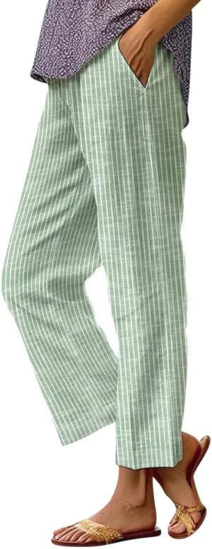 Side Stripe Pants Women for Beach Vacation Clothes for Women Linen Straight Leg Elastic Waist Womens Summer Outfits