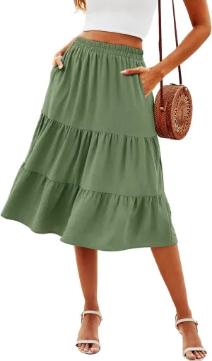 SimpleFun Women's Summer Boho Flowy Midi Skirt Casual Elastic High Waist Tiered Long Skirts with Pockets
