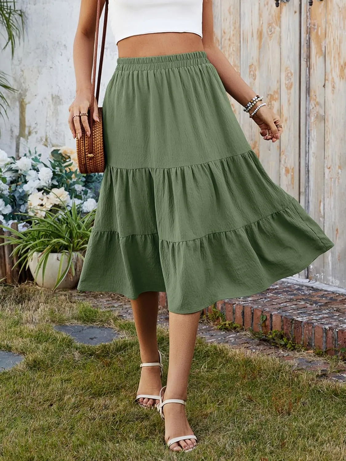 SimpleFun Women's Summer Boho Flowy Midi Skirt Casual Elastic High Waist Tiered Long Skirts with Pockets