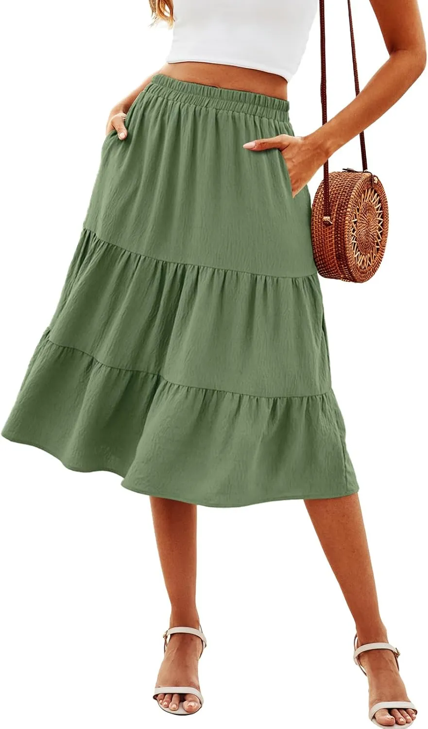 SimpleFun Women's Summer Boho Flowy Midi Skirt Casual Elastic High Waist Tiered Long Skirts with Pockets