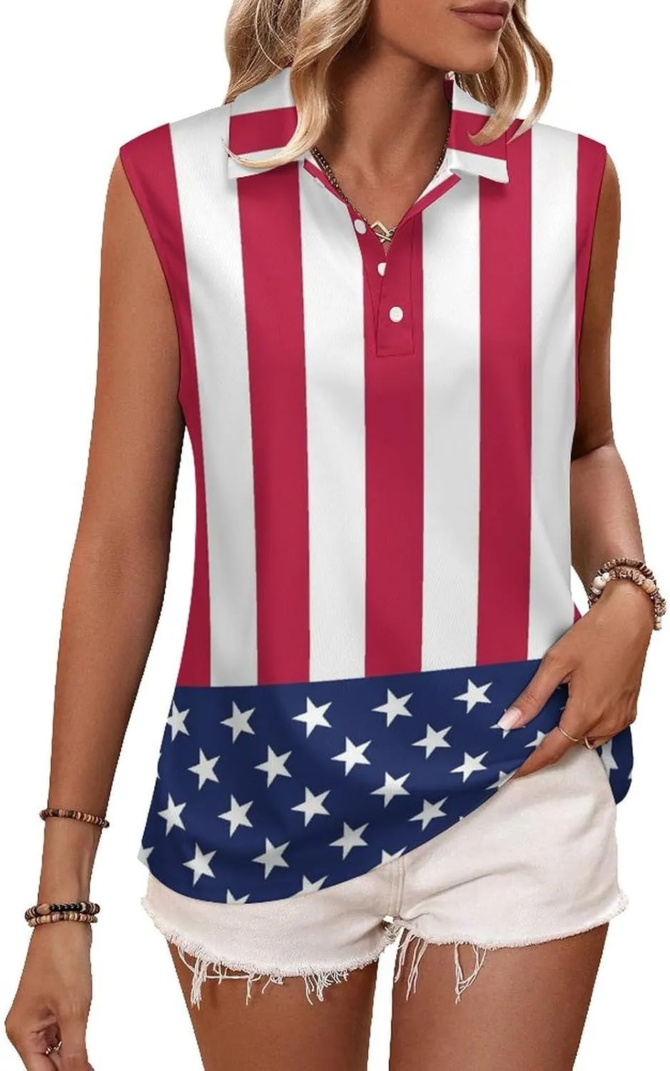 Sleeveless Shirts for Women American Flag V Neck Shirt Casual PO-LO Tank Top Pullover Quick Dry with Designs