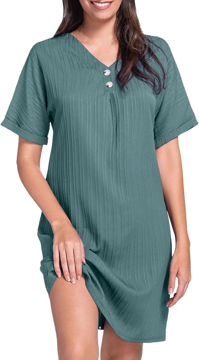 Spring Dresses for Women, Womens Cotton Shirt Dress Summer Casual Short Sleeve Button Down Beach Cover Up Shirts with Pockets