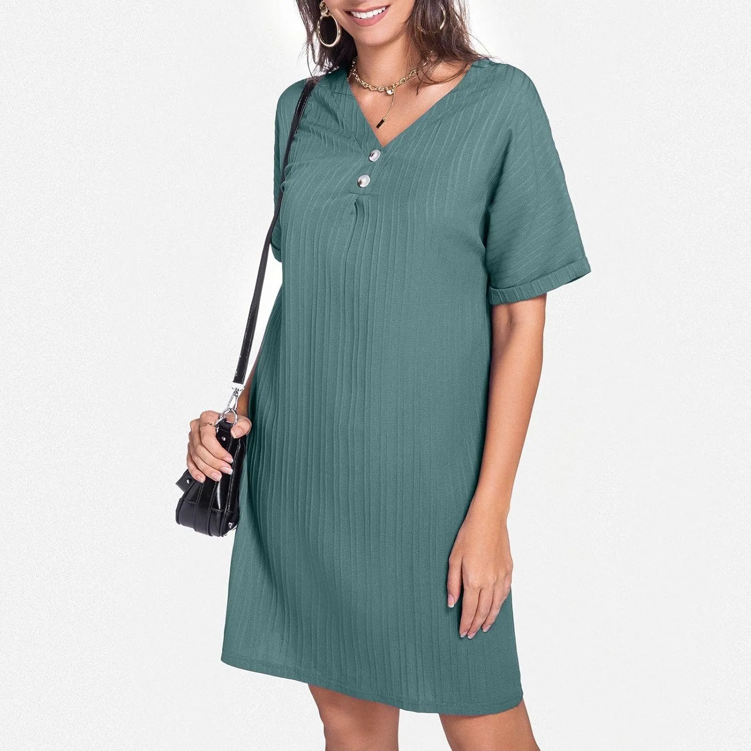Spring Dresses for Women, Womens Cotton Shirt Dress Summer Casual Short Sleeve Button Down Beach Cover Up Shirts with Pockets