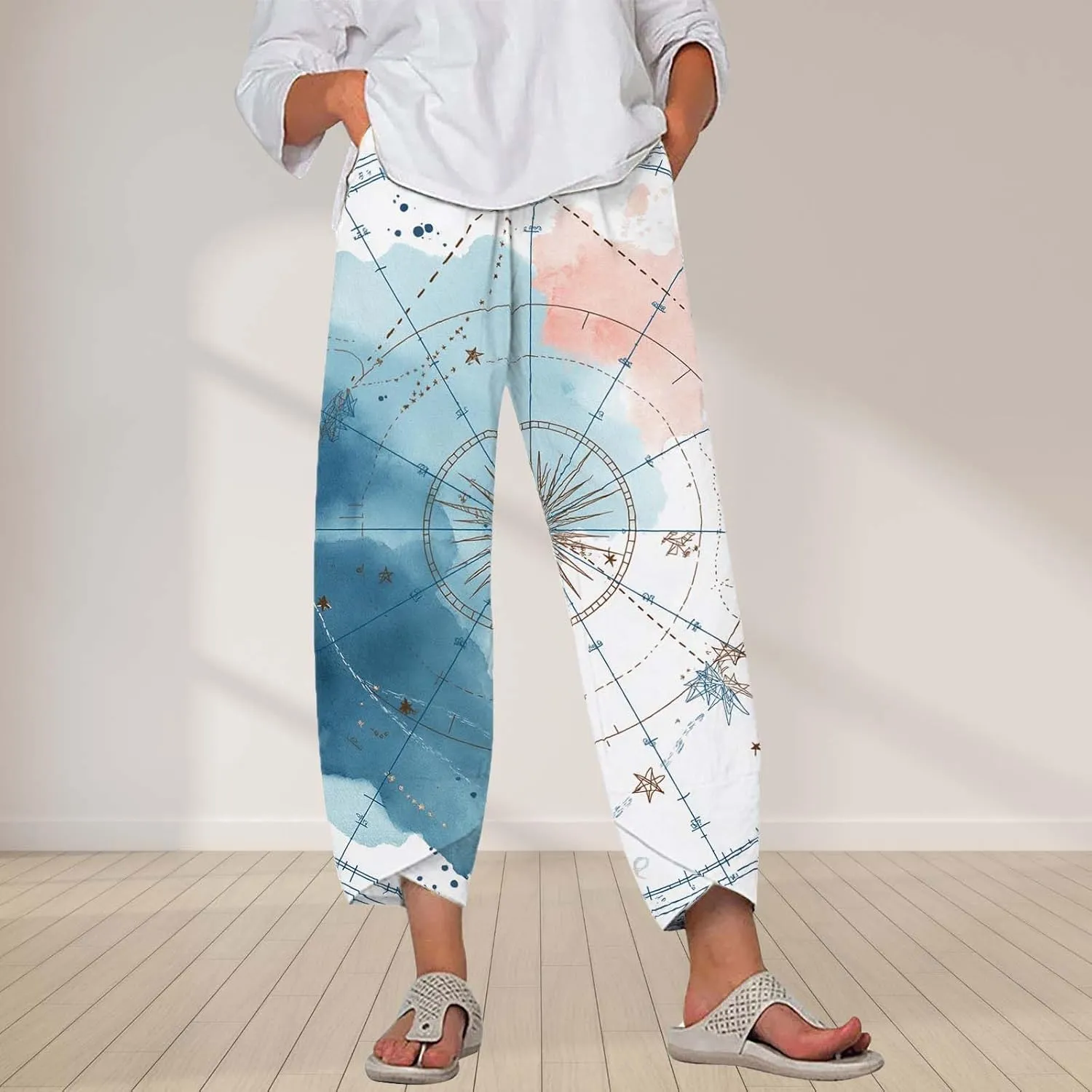 Star Graphic Printed Pants for Womens Cotton Linen Summer Cute Capri Pants Wide Leg Comfy Baggy Palazzo Trousers
