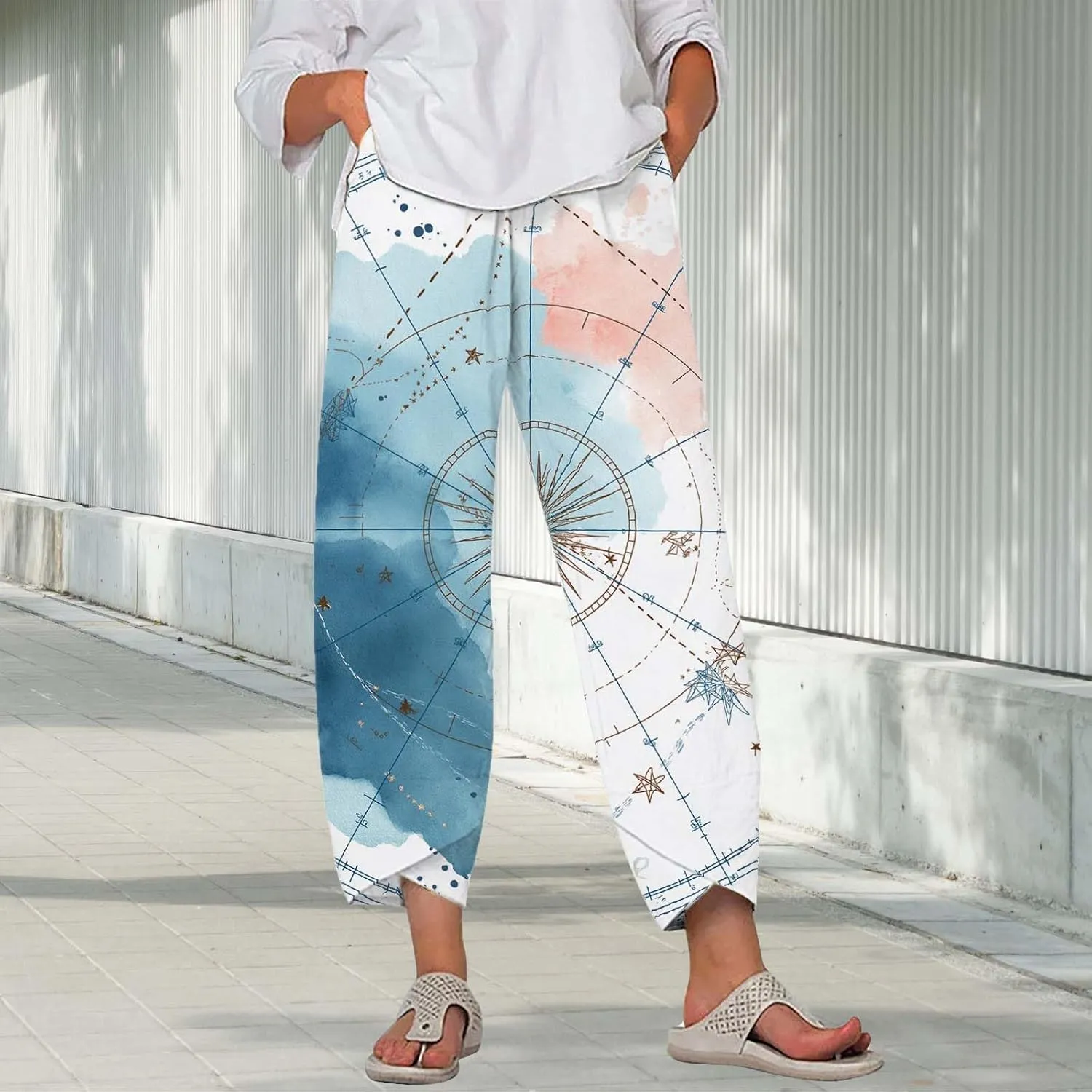 Star Graphic Printed Pants for Womens Cotton Linen Summer Cute Capri Pants Wide Leg Comfy Baggy Palazzo Trousers
