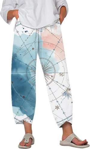 Star Graphic Printed Pants for Womens Cotton Linen Summer Cute Capri Pants Wide Leg Comfy Baggy Palazzo Trousers