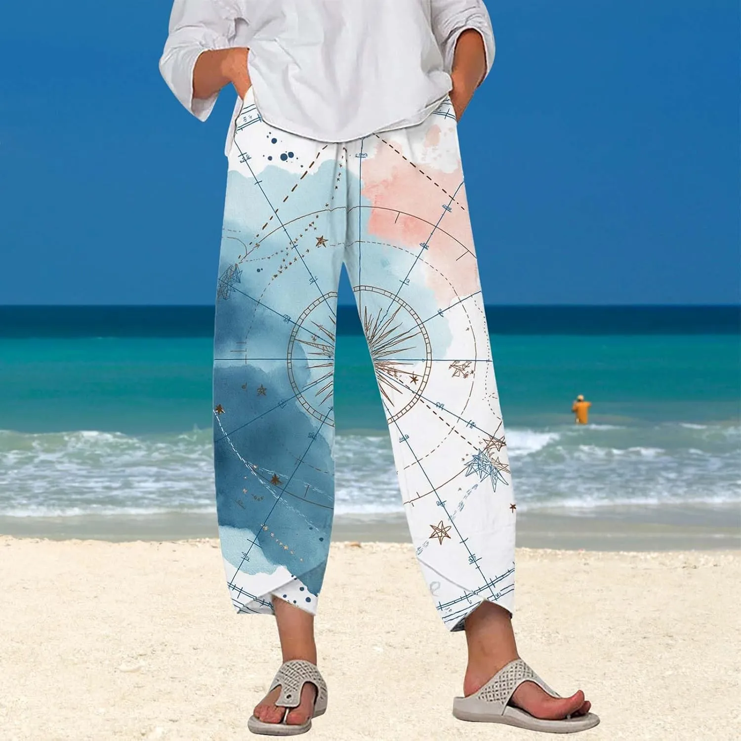Star Graphic Printed Pants for Womens Cotton Linen Summer Cute Capri Pants Wide Leg Comfy Baggy Palazzo Trousers