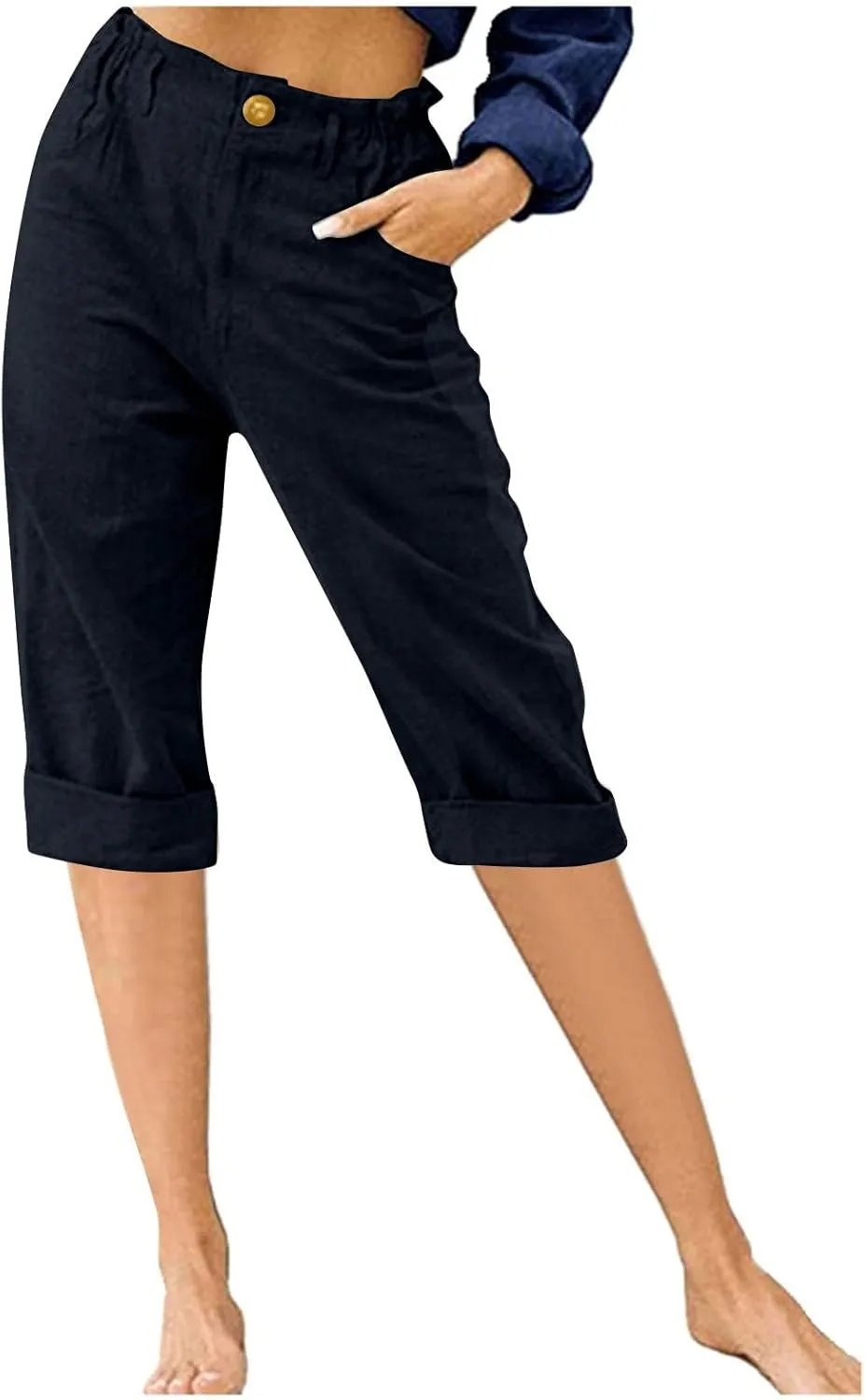 Stessotudo Capris for Women Summer Casual Elastic High Waist Linen Pants with Pockets Wide Cropped Leg Loose Trousers 2023