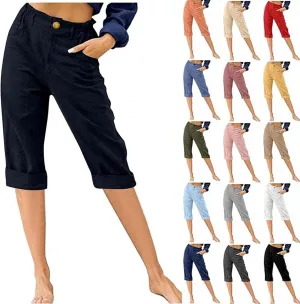 Stessotudo Capris for Women Summer Casual Elastic High Waist Linen Pants with Pockets Wide Cropped Leg Loose Trousers 2023