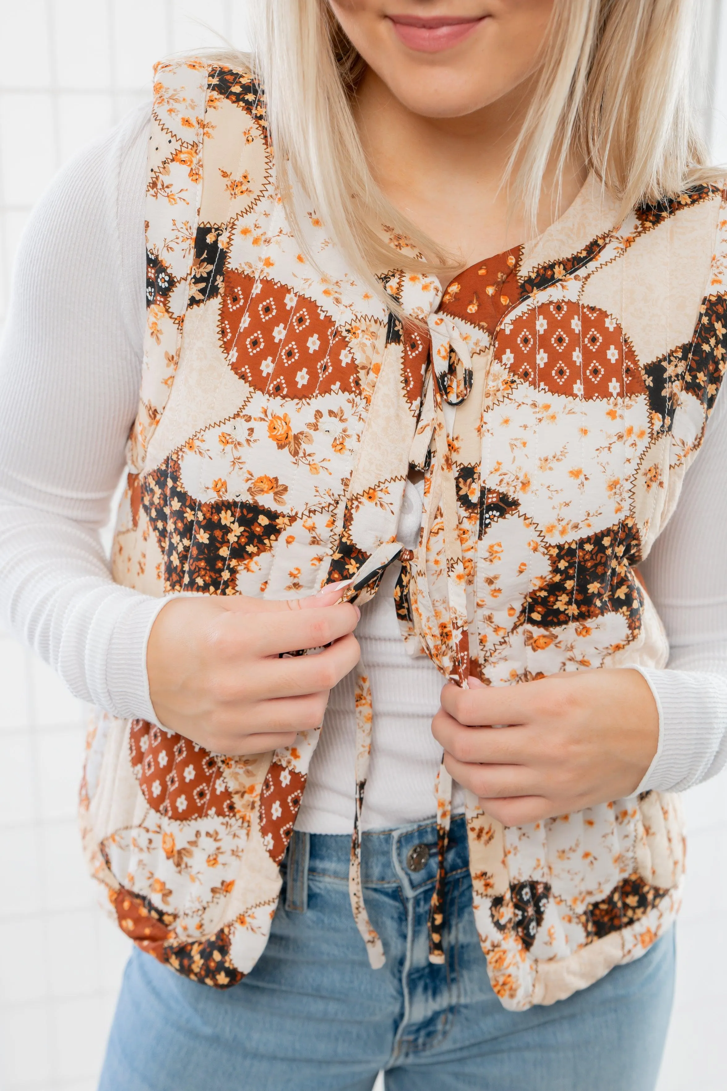 Stitch Work Brown Multi Patch Tie Vest