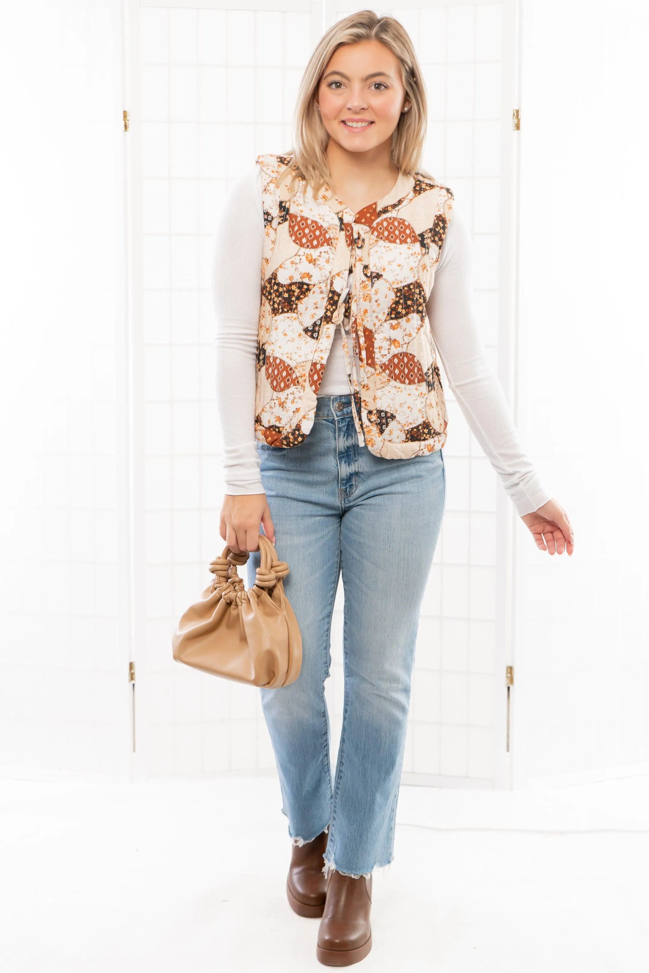 Stitch Work Brown Multi Patch Tie Vest