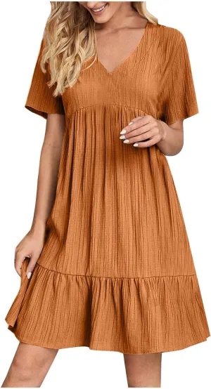 Summer Dress for Women 2025 Casual V Neck Short Sleeve Swing Midi Dresses Ruffle Tiered Flowy Beach A-Line Sundress