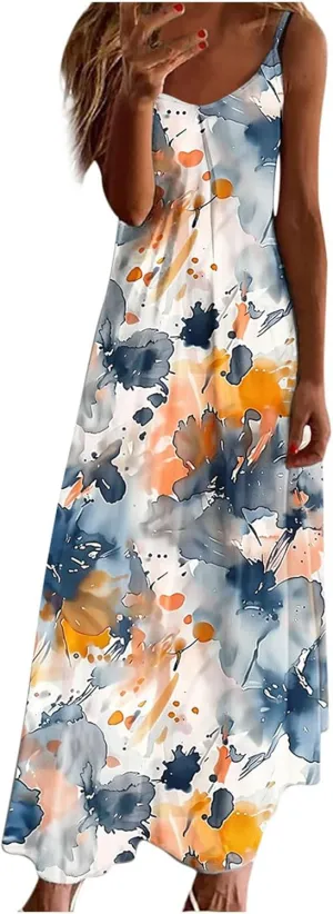 Summer Dresses for Women 2025 Vacation Floral Slip Dress Spaghetti Strap Flower Print Maxi Dresses Casual Sundress