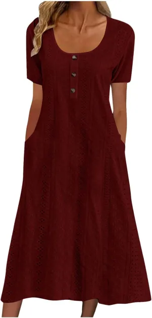 Summer Midi Dresses for Women Boho Short Sleeve Eyelet Cover Up Dress Casual Flowy Swing Beach Sundress with Pockets