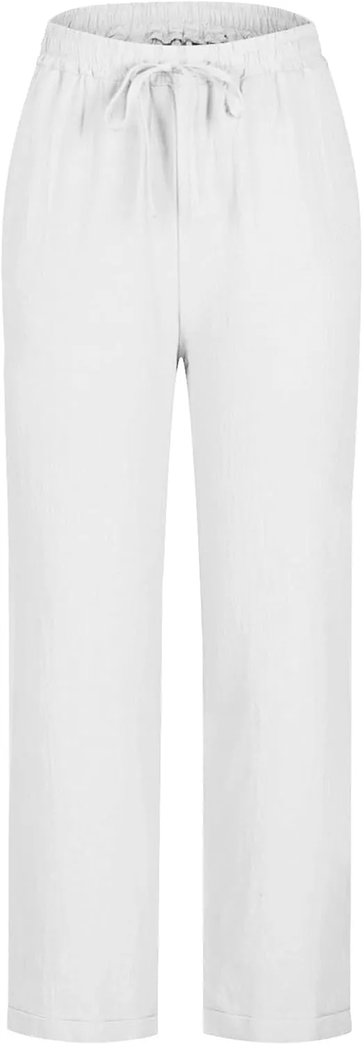 Summer Pants for Women Lace-Up Elastic High Waist Cotton Linen Trouser Casual Loose Fit Straight Leg Capri Pants