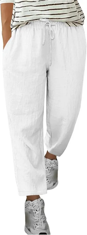 Summer Pants for Women Lace-Up Elastic High Waist Cotton Linen Trouser Casual Loose Fit Straight Leg Capri Pants