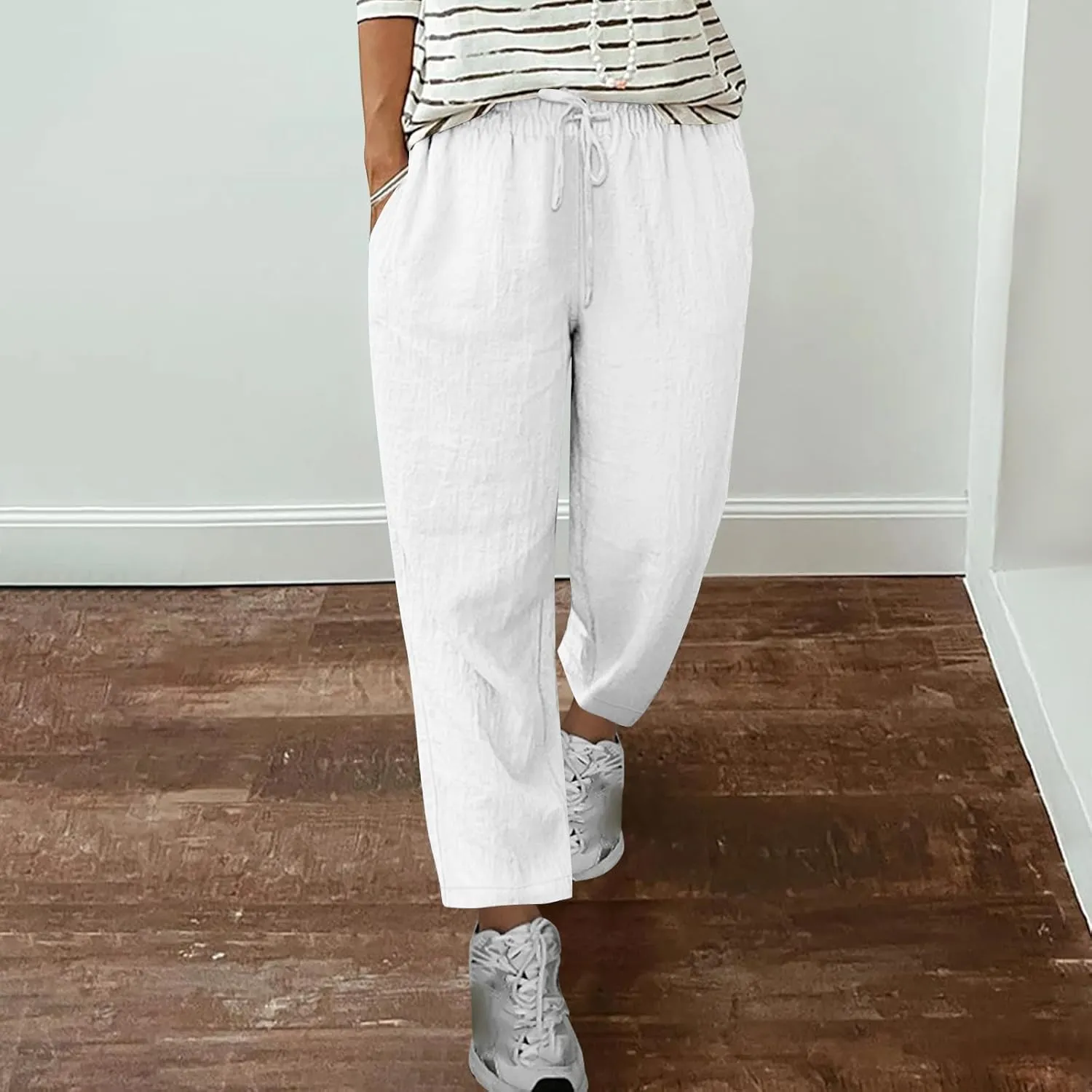 Summer Pants for Women Lace-Up Elastic High Waist Cotton Linen Trouser Casual Loose Fit Straight Leg Capri Pants