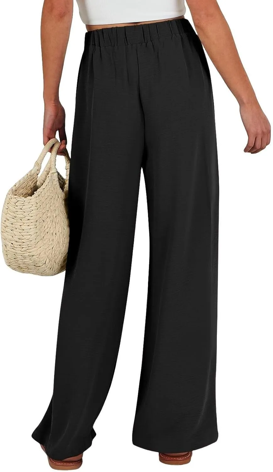 Summer Wide Leg Linen Pants for Women with Pockets High Waisted Tie Knot Beach Palazzo Pants Casual Lounge Trousers