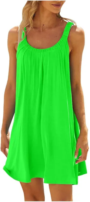 Sun Dresses Women Sleeveless Crewneck Mini Dress Ruffle Summer Beach Coverup Sundress Casual Hawaiian Outfits