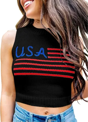 Tankaneo Womens American Flag Crop Tank Tops High Neck 4th of July Patriotic Summer Sleeveless Shirts Sweater Vest