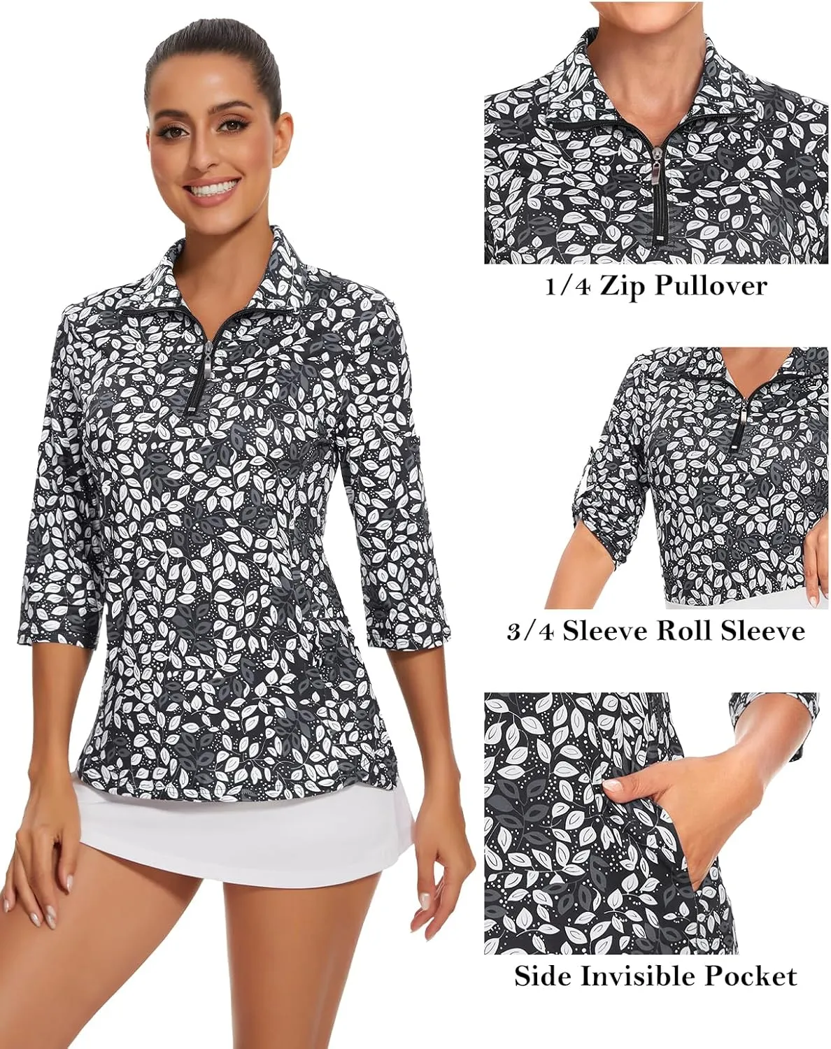 Tanst Sky Womens 3/4 Sleeve Golf Shirt Quick Dry Zip Up Workout Tennis Tops with Pockets