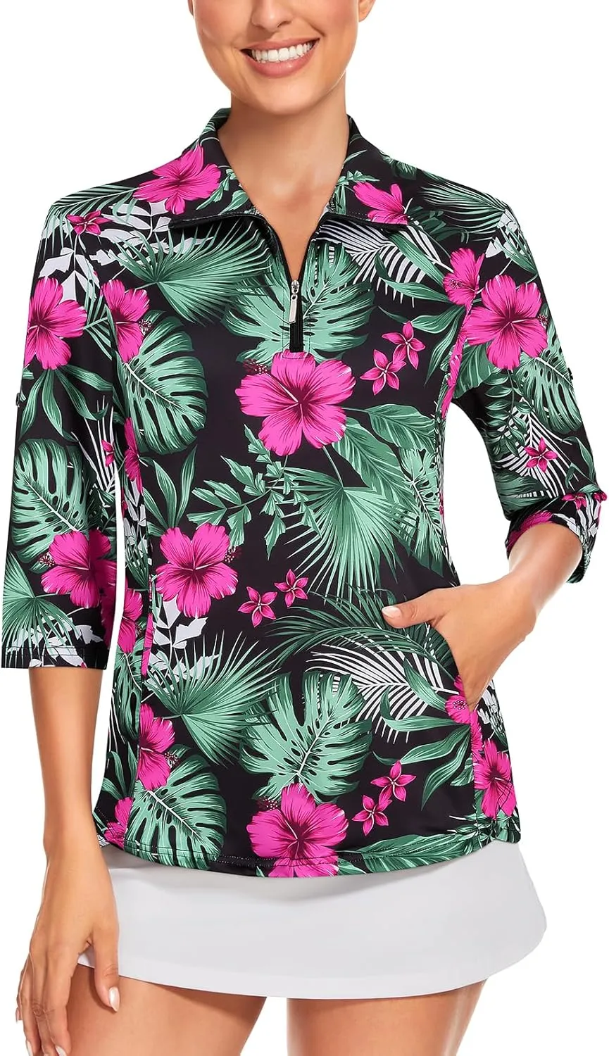Tanst Sky Womens 3/4 Sleeve Golf Shirt Quick Dry Zip Up Workout Tennis Tops with Pockets