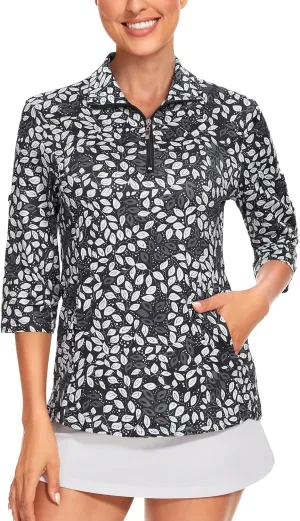Tanst Sky Womens 3/4 Sleeve Golf Shirt Quick Dry Zip Up Workout Tennis Tops with Pockets