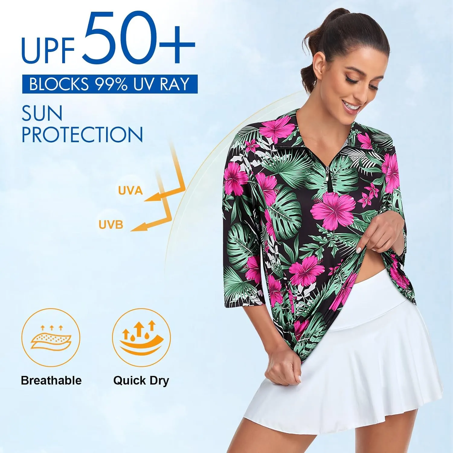 Tanst Sky Womens 3/4 Sleeve Golf Shirt Quick Dry Zip Up Workout Tennis Tops with Pockets
