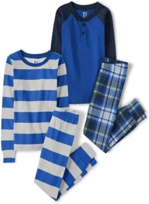 The Children's Place Boys Long Sleeve Top And Pants Snug Fit 100% Cotton 4 Piece Pajama Set, Essential Blue 2 Pack, 10 US
