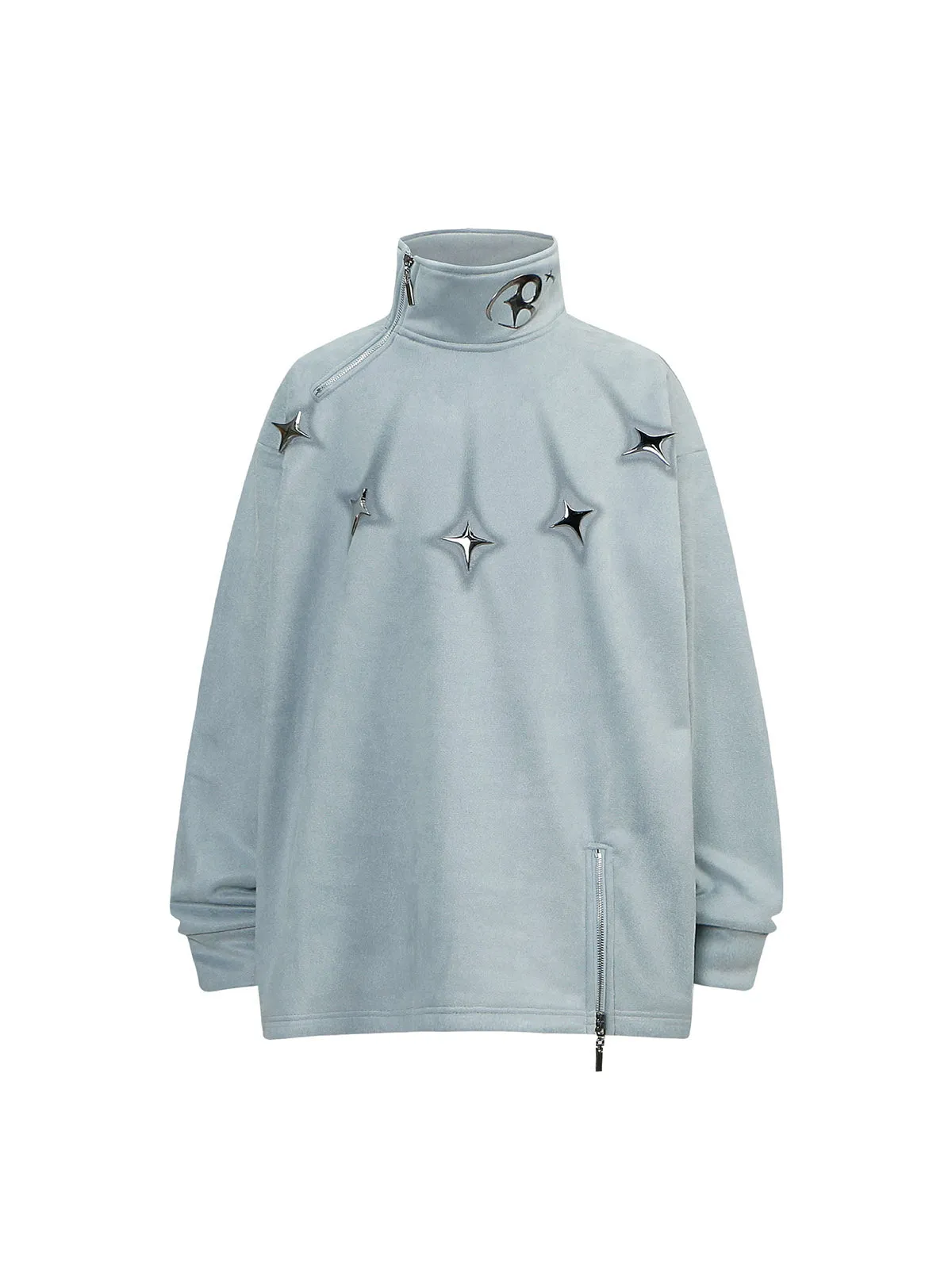 Thesupermade Metal Button Multi Zipper Suede Fleece Sweatshirt